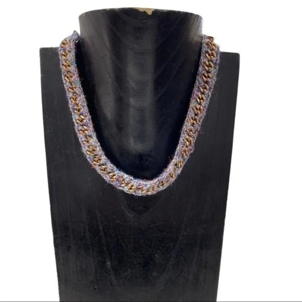 Bohemian Crochet Lurex Yarn & Gold Chain Necklace